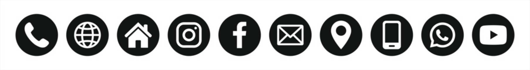 Black Circle Contact and Social Media Icons Set – Phone, Email, Location, Facebook, Instagram, WhatsApp, YouTube