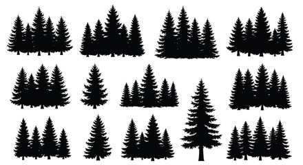 Obraz premium A collection of black pine tree silhouettes and fir forest icons. Vector graphic set for nature and landscape design elements