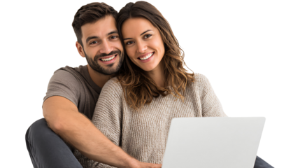 cheerful young couple shopping online with credit card and laptop isolated on white background