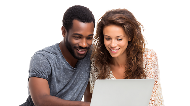cheerful young couple shopping online with credit card and laptop isolated on white background