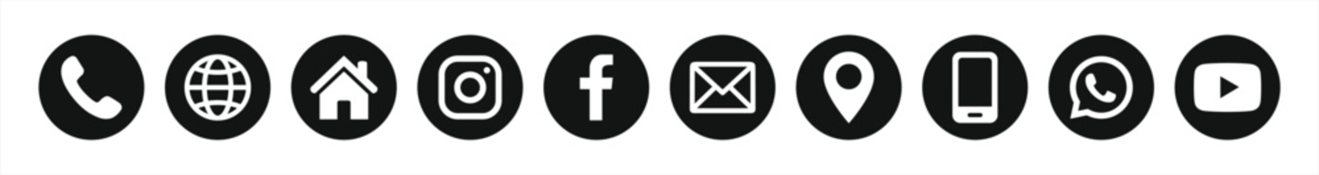 Black Circle Contact and Social Media Icons Set &ndash; Phone, Email, Location, Facebook, Instagram, WhatsApp, YouTube