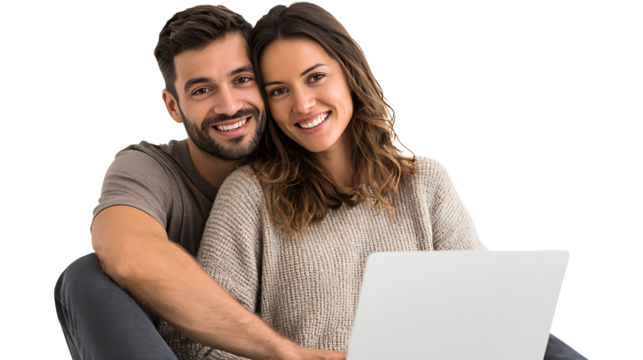 cheerful young couple shopping online with credit card and laptop isolated on white background