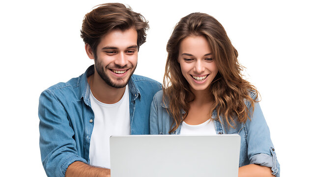 cheerful young couple shopping online with credit card and laptop isolated on white background - Powered by Adobe
