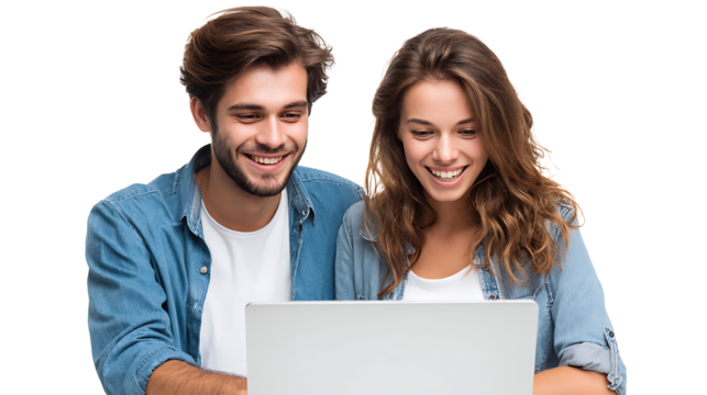 cheerful young couple shopping online with credit card and laptop isolated on white background
