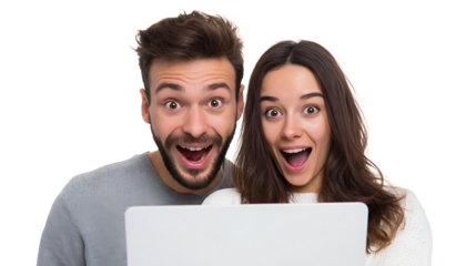 couple reading news online with laptop isolated on white background