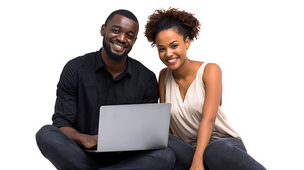 couple reading news online with laptop isolated on white background