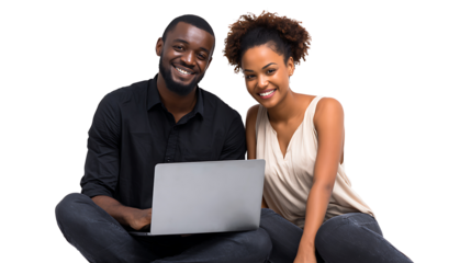 couple reading news online with laptop isolated on white background
