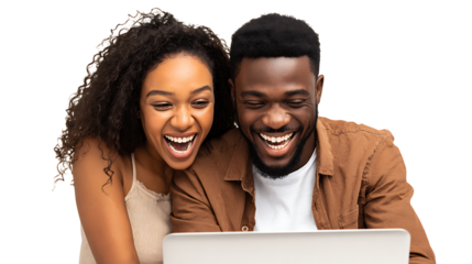 couple reading news online with laptop isolated on white background