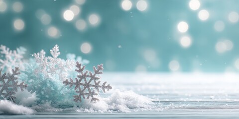 Delicate Snowflakes on Frosted Wooden Table Top Surface