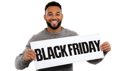 happy man showing Black Friday sale sign isolated on white background