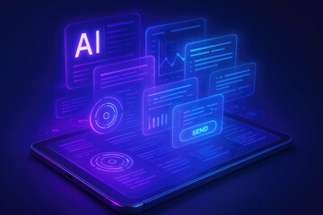 AI interface with glowing neon elements showing data, charts, and a send button on a tablet artificial intelligence