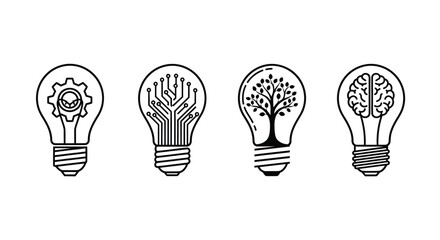 Four lightbulbs symbolizing different concepts ideas innovation creativity and technology vector