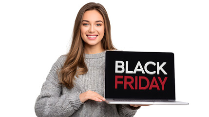  young woman holding a laptop with Black Friday discounts on screen isolated on white background