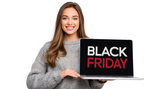  young woman holding a laptop with Black Friday discounts on screen isolated on white background