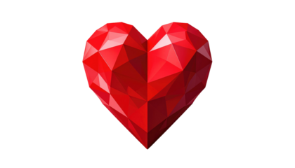 Red polygonal heart, 3D rendered, on black backdrop. Shiny facets create a textured, modern romantic symbol