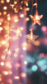 Festive Christmas background with gently swinging hanging glowing star lights.