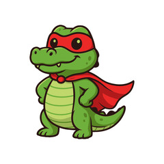 Adorable green cartoon alligator superhero in a red mask and cape, striking a confident pose with hands on hips, illustration