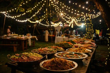 Festive outdoor dinner party with various dishes