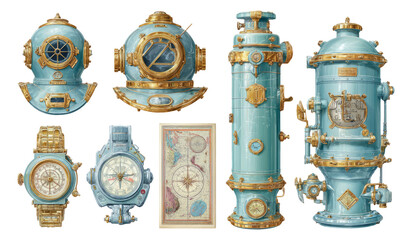 Fototapeta premium Vintage Diving Equipment Collection with Nautical Instruments and Compass Illustration