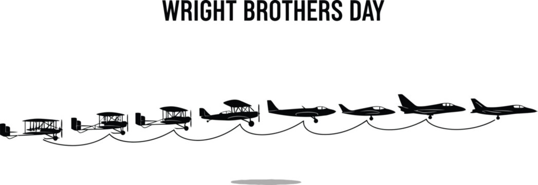 Wright brothers day illustration, showcasing the evolution of aircraft from the wright flyer to modern jets