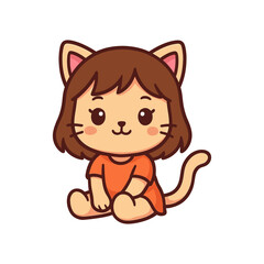 Cartoon CatGirl in Orange Dress Sitting with a Sweet Expression.