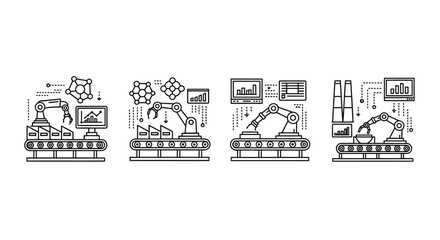 Automated factory production line with robotic arms and quality control systems icons vector