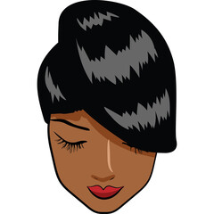 Stylized Portrait Of A Woman With Black Hair And Closed Eyes Against A White Background With Soft Lighting And A Red Lipstick Detail