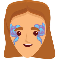 Stylized Portrait of a Woman With Blue Face Paint Around Her Eyes and Brown Hair Against a Transparent Background Detailed Illustration