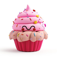 3D Chibi Cupcake with Pink Frosting and Sprinkles &mdash; Cute Kawaii Dessert Character on White Background.