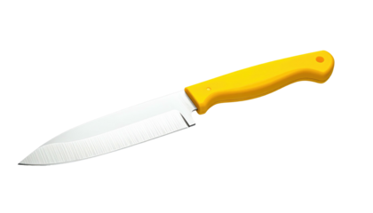 Kitchen knife light gray blade and a bright yellow handle isolated against a black background angled right