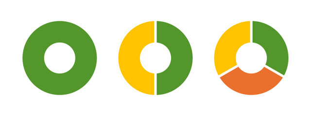 Multicolored donut charts, pies segmented on from 1 to 3 equal parts. Multicoloured diagrams infographic. Circle section graph. Wheels divided in sections. Loading bar mockup. Pie, pizza chart layout.