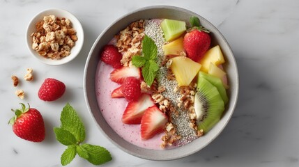 Delicious healthy smoothie bowl topped with fresh fruit, granola, and mint leaves on a marble countertop