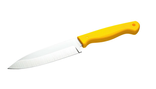 Kitchen knife light gray blade and a bright yellow handle isolated against a black background angled right