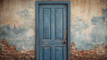 Aging blue door shut against a weathered wall