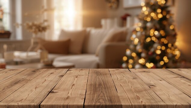 A cozy home interior during the holiday season featuring a table corner with room for items and arrow keys