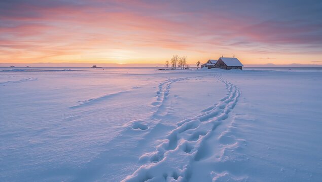 Wide-angle scene of a snowy landscape post-blizzard during sunset with footprints and an aged wooden cabin in the distance. Frozen wilderness. Climate change concept. - Powered by Adobe