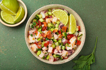 Fresh and vibrant peruvian seafood ceviche with shrimps, octopus, tomatoes, cucumber and parsley, served with lime in a bowl on a green background from above, dish of Peru