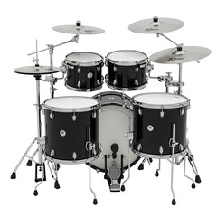 A black and silver drum set, isolated on a black background
