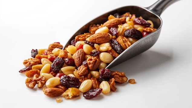 Metal scoop brimming with nutritious trail mix featuring assorted nuts and dried fruits