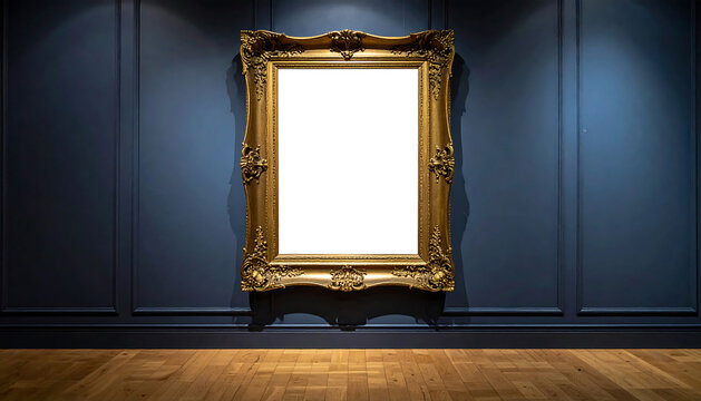 アートギャラリーの壁に掛かる金色の装飾額縁が際立つ上品なモックアップ展示風景