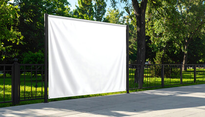 緑に囲まれた公園のフェンスに白いビニールバナーが広告用に掲げられた場面