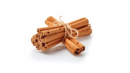 Bundle of cinnamon sticks seasoning on a plain white backdrop