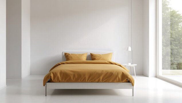A contemporary bedroom featuring a bed adorned with a mustard-colored blanket and minimalist design.