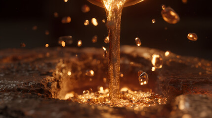 Golden-orange molten metal streams into mold, splashing and glowing. A vivid moment of industrial transformation and elemental intensity in casting.
