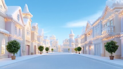 Obraz premium Enchanted Winter Village with Snow-Covered Streets and Twinkling Holiday Lights