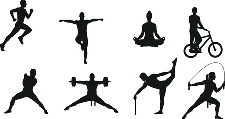 fitness, exercise, workout, training, yoga, meditation, running, cycling, lifting, dancing, jumping, silhouette, activity, sport, health, strength, balance, flexibility, black, vector