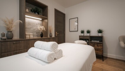 Stacked white towels on a massage bed in a vacant spa room. Interior of a beauty therapy clinic, no people present.