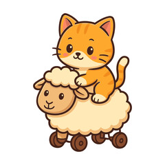 Playful Orange Cat Riding a Sheep with Wheels Cartoon Illustration.