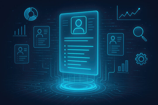Digital Resume and Data Analysis Icons with Futuristic Network Background profile technology