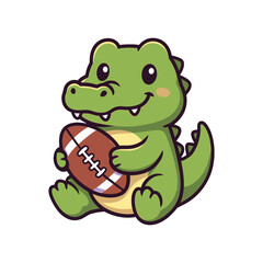 Adorable Cartoon Alligator Holding Football Smiling with Cheerful Expression.
